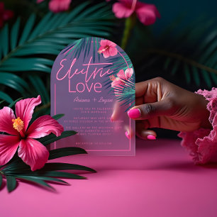 Invitations En Acrylique Electric Love Neon rose Tropical Mariage rétro
