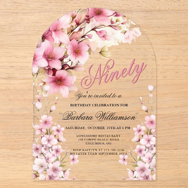 Invitations En Acrylique Elégance Arc Floral Rose 90ème anniversaire (Recto)