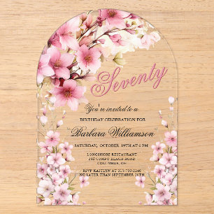Invitations En Acrylique Élégance d'arche florale rose pour une fête de 70e
