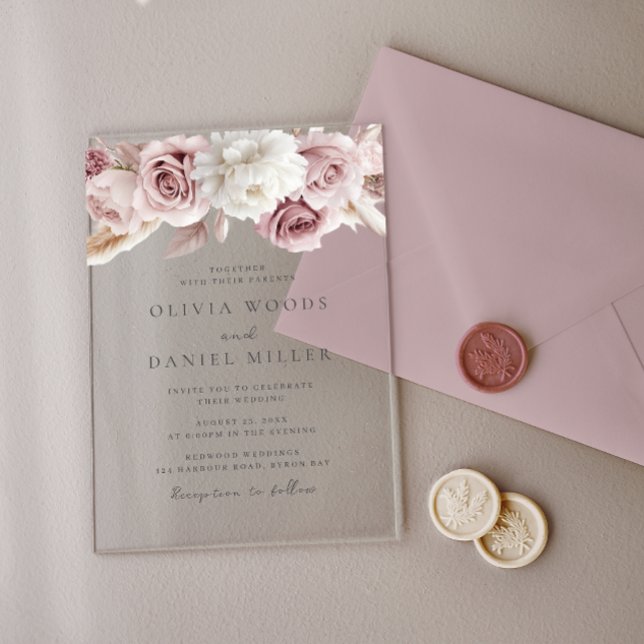 Invitations En Acrylique Élégance de Blush : magnifique Mariage Floral (Créateur téléchargé)