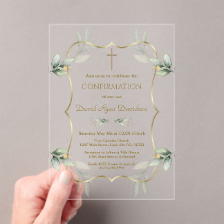Invitations En Acrylique Elégant Airy Greenery Gold Cross Confirmation
