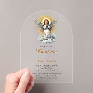 Invitations En Acrylique Élégant Ange Blanc Religieux Baptême chrétien