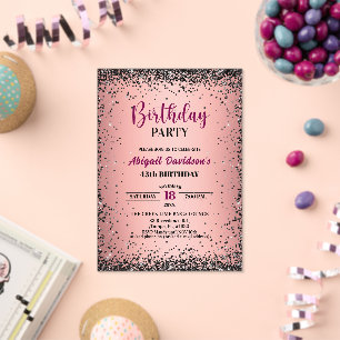 Invitations En Acrylique Elégant Anniversaire 45 ans Paillettes Noires Méta