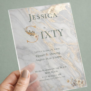 Invitations En Acrylique Elégant Anniversaire 60 Ans Marbré Transparent
