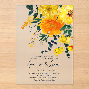 Invitations En Acrylique Elégant Aquarelle Jaune Botanique Floral Mariage