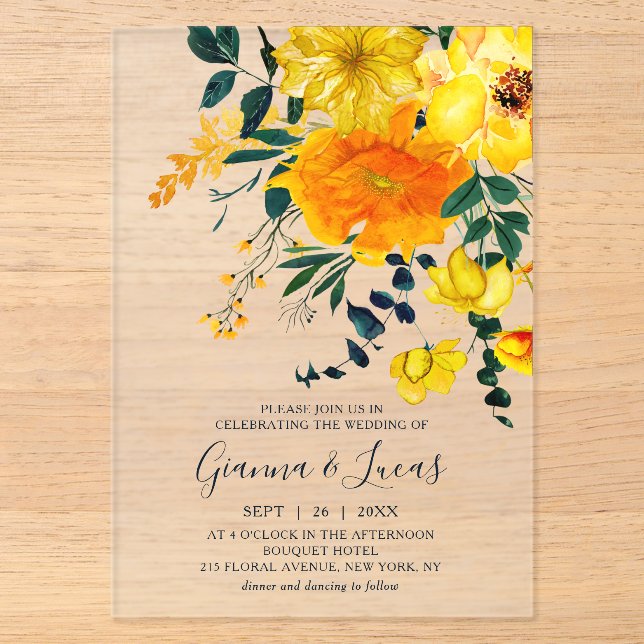 Invitations En Acrylique Elégant Aquarelle Jaune Botanique Floral Mariage (Recto)