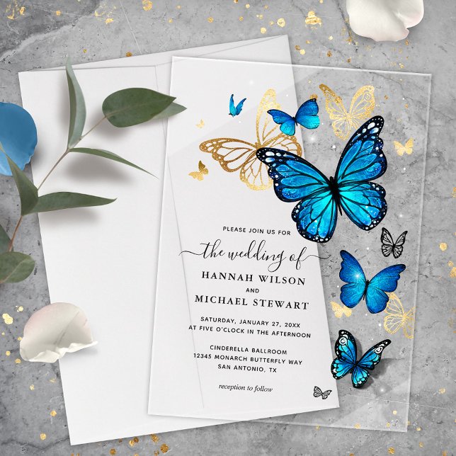 Invitations En Acrylique Elégant Aquarelle or et Mariage papillon bleu (Elegant blue and gold butterfly acrylic wedding invitations for your once upon a time fairy tale.)