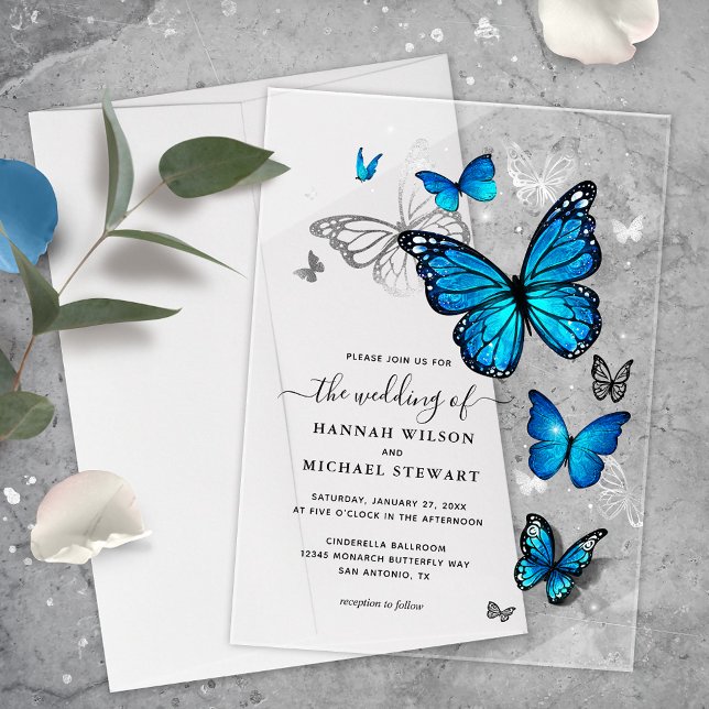 Invitations En Acrylique Elégant Aquarelle Silver Blue Butterfly Mariage (Elegant blue butterfly acrylic wedding invitations that will bring your fairy tale to life!)