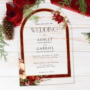 Invitations En Acrylique Élégant Arc floral rouge de Noël Damas