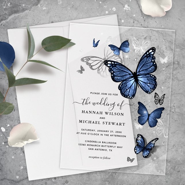 Invitations En Acrylique Elégant Argent et Mariage bleu marine papillon (Elegant dark navy blur butterfly acrylic wedding invitations that will bring your fairytale to life!)