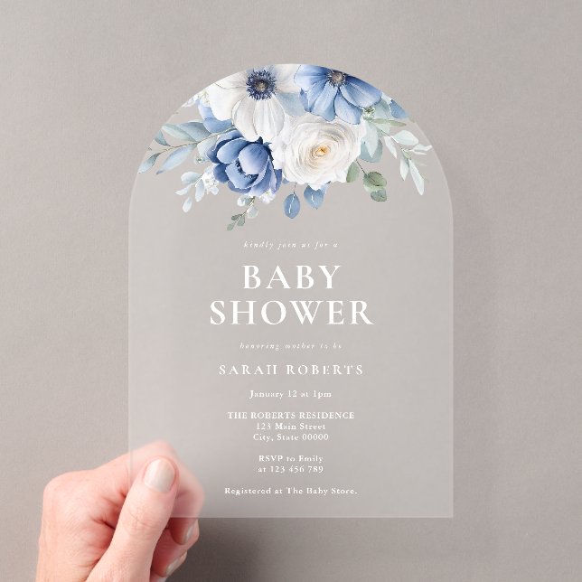 Invitations En Acrylique Elégant Baby shower d'hiver bleu-poussiéreux (In situ (ordinateur de poche))