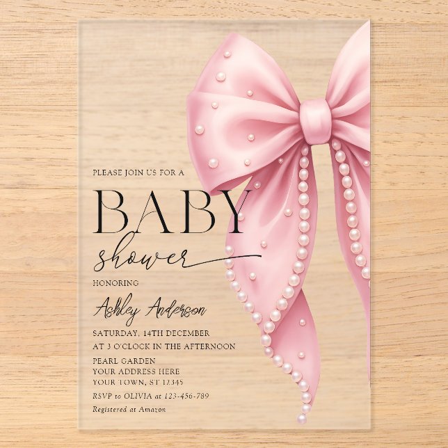 Invitations En Acrylique Elégant Baby shower Pearl Bow Girl (Recto)