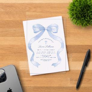 Invitations En Acrylique Élégant Baptême Bleu Bow