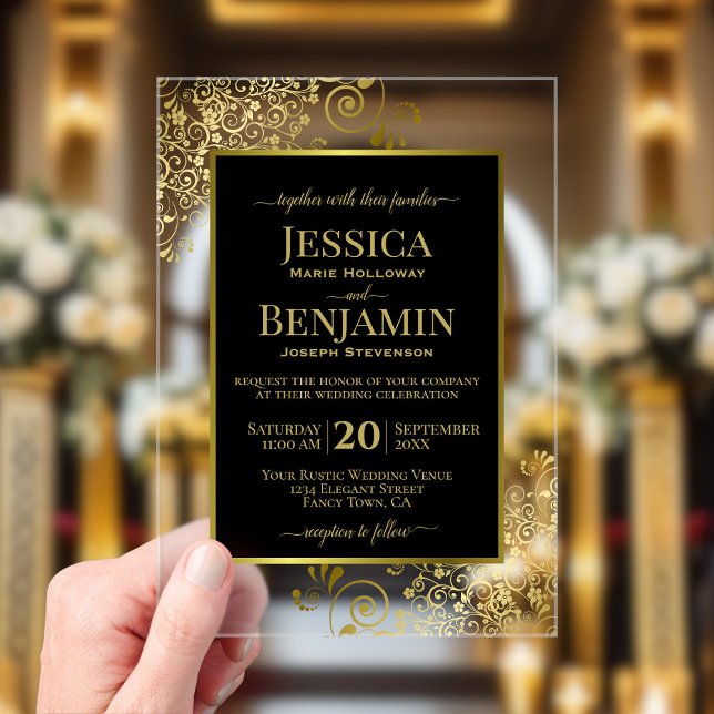 Invitations En Acrylique Elegant Black & Gold Stylish Text Classy Wedding (Clear Acrylic with Rectangle Cut)