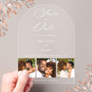 Invitations En Acrylique Elégant blanc 3 Photo Bande mariage Enregistrer la