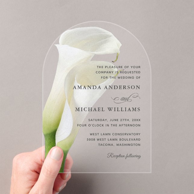 Invitations En Acrylique Elégant blanc Calla Lilies Floral Mariage (In situ (ordinateur de poche))