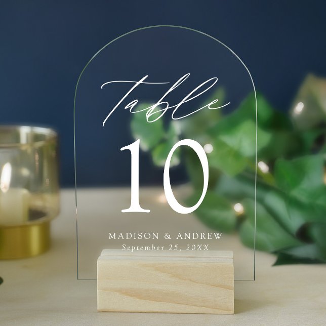 Invitations En Acrylique Élégant blanc Script Arche acrylique Numéro de tab (Créateur téléchargé)