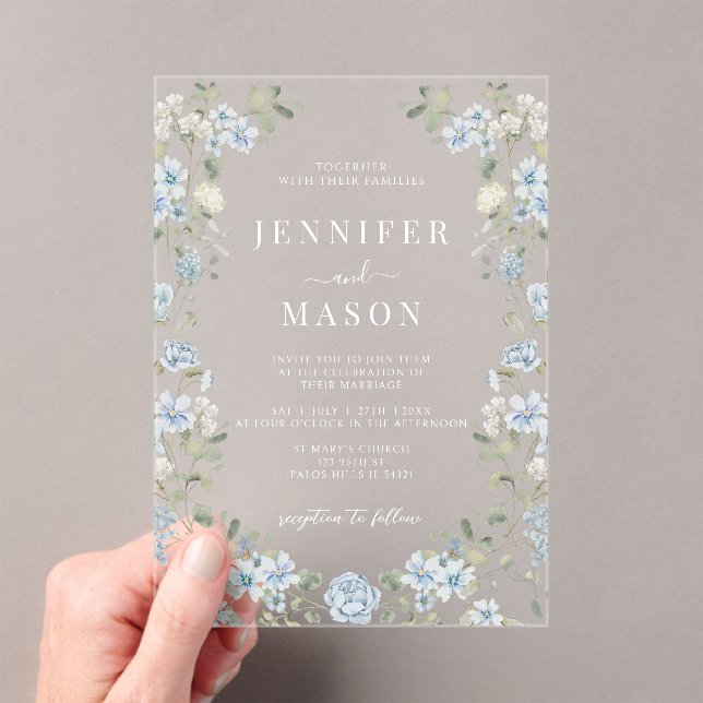 Invitations En Acrylique Élégant bleu blanc fleuri couronne Mariage bohème (In situ (ordinateur de poche))