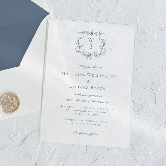 Invitations En Acrylique Elégant bleu bleu floral Crest Mariage (Créateur téléchargé)
