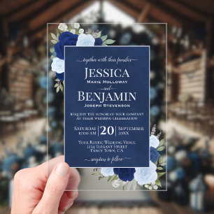 Invitations En Acrylique Élégant Bleu Boho Chic Roses Stylisé Texte Mariage