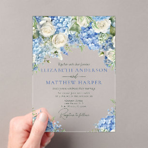 Invitations En Acrylique Elégant bleu Hydrangea Roses blanches Mariage flor