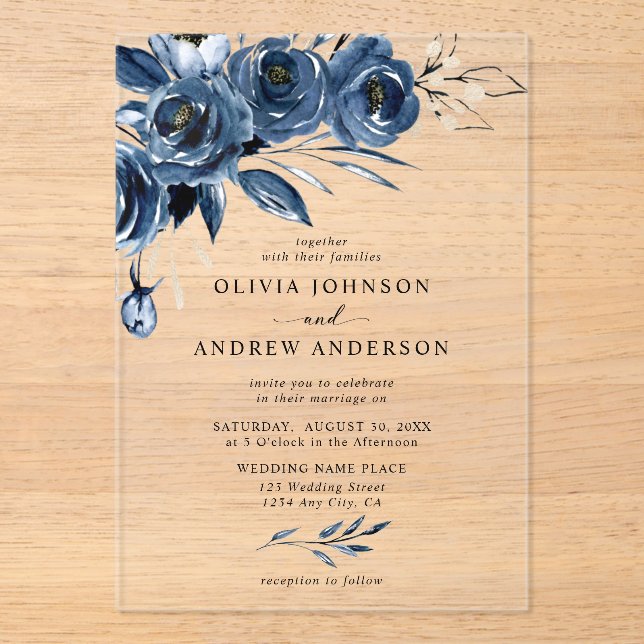 Invitations En Acrylique Elégant bleu marine Aquarelle argent Mariage flora (Recto)