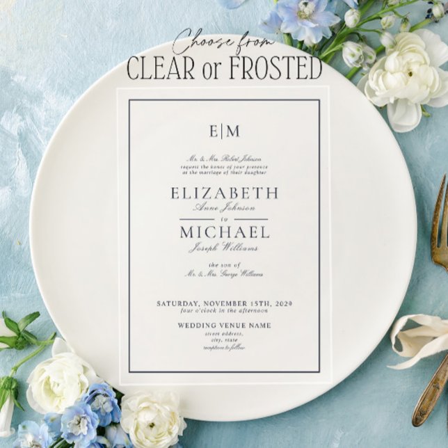 Invitations En Acrylique Élégant bleu marine classique Script Monogramme Ma (Créateur téléchargé)