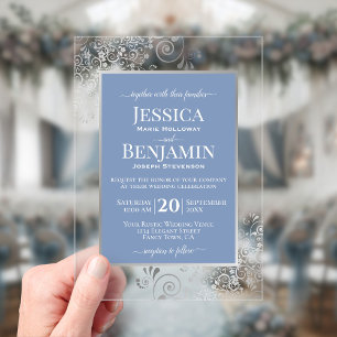 Invitations En Acrylique Élégant Bleu Poussiéreux et Argent Mariage au Text