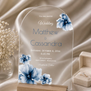 Invitations En Acrylique Élégant Bleu Poussiéreux Marine Fleurs Mariage