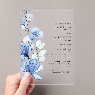 Invitations En Acrylique Élégant bleu transparent Mariage floral