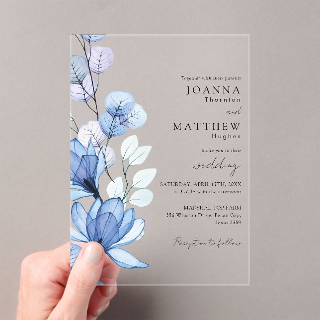 Invitations En Acrylique Élégant bleu transparent Mariage floral (In situ (ordinateur de poche))