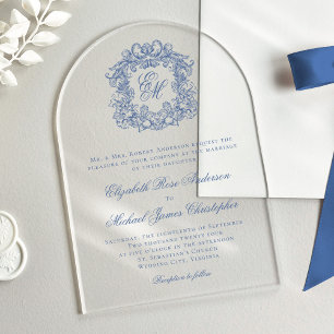 Invitations En Acrylique Elégant bleu Vintage Monogram Crest Arch Mariage