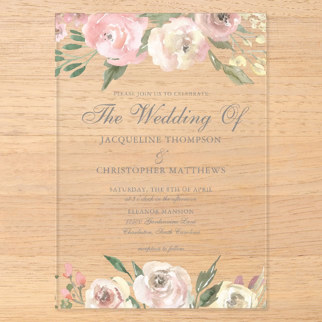 Invitations En Acrylique Elégant Blush rose ivoire floral de printemps mari (Recto)