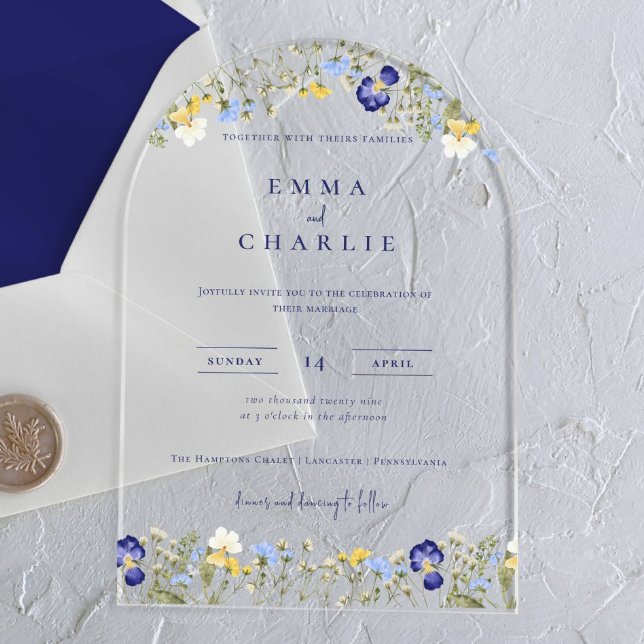 Invitations En Acrylique Elegant Boho Fleur sauvage bleu Mariage de script (Créateur téléchargé)