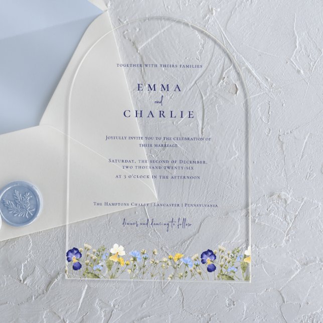 Invitations En Acrylique Elegant Boho Fleur sauvage bleu Script Mariage Acr (Créateur téléchargé)