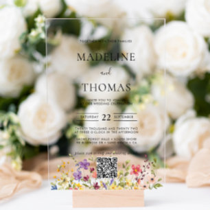 Invitations En Acrylique Elegant Boho Wild Flower Photo QR Code Mariage
