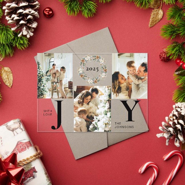 Invitations En Acrylique Elegant Botanica Photo Collage Joy Christmas Card (Insitu (vacances))