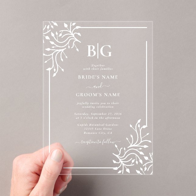 Invitations En Acrylique Élégant Botanique Monogramme Clair Mariage (In situ (ordinateur de poche))