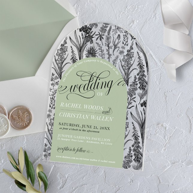 Invitations En Acrylique Élégant Botanique Sage Vert Unique Arc Mariage (Sage green black and white vintage botanical floral elegant script trendy arch acrylic wedding)