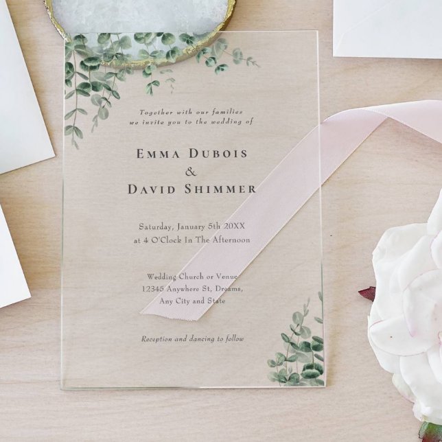 Invitations En Acrylique Élégant Botanique vert simple Mariage de script (Créateur téléchargé)