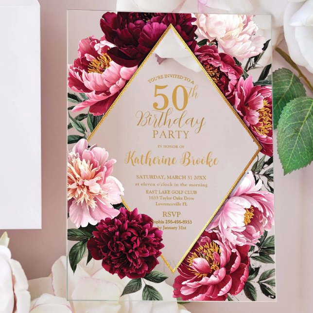 Invitations En Acrylique Élégant Bourgogne et Fleur de Pivoine Rose pour An (Créateur téléchargé)