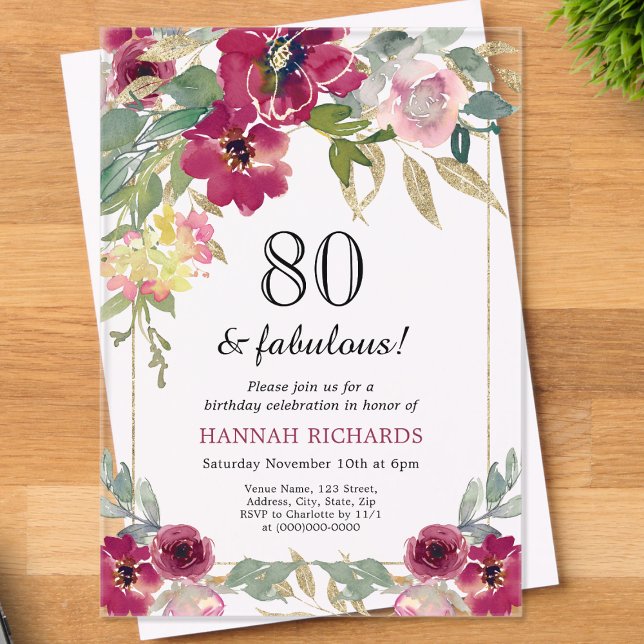 Invitations En Acrylique Elégant Bourgogne rose or floral 80e anniversaire (Créateur téléchargé)