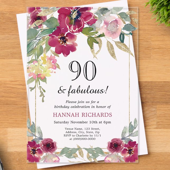 Invitations En Acrylique Elégant Bourgogne rose or floral 90e anniversaire (Créateur téléchargé)