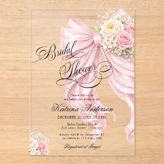 Invitations En Acrylique Elegant Bow Pink Floral Bridal Shower