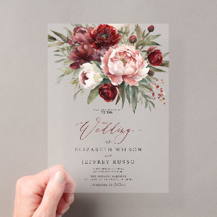 Invitations En Acrylique Élégant Burgundy Blush Botanical Floral Mariage
