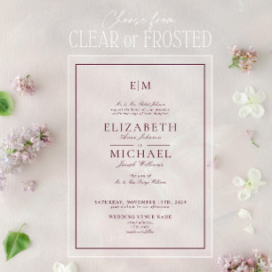 Invitations En Acrylique Élégant Burgundy Classic Script Monogram Mariage