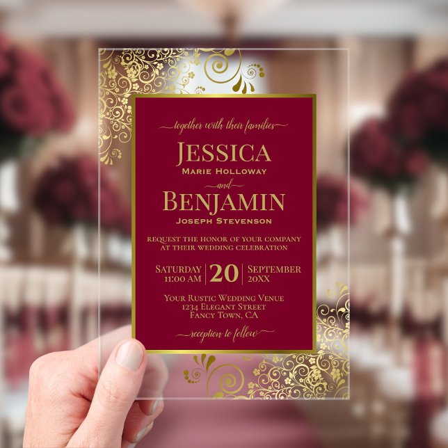 Invitations En Acrylique Elegant Burgundy Red & Gold Stylish Text Wedding (Créateur téléchargé)