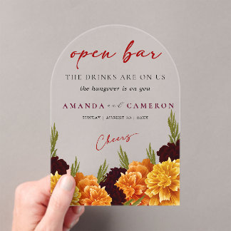 Invitations En Acrylique Elegant Burgundy Red  "MARIGOLD" Wedding Open Bar