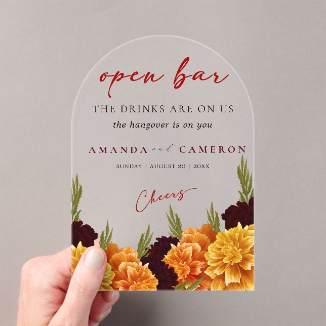 Invitations En Acrylique Elegant Burgundy Red  "MARIGOLD" Wedding Open Bar (In situ (ordinateur de poche))