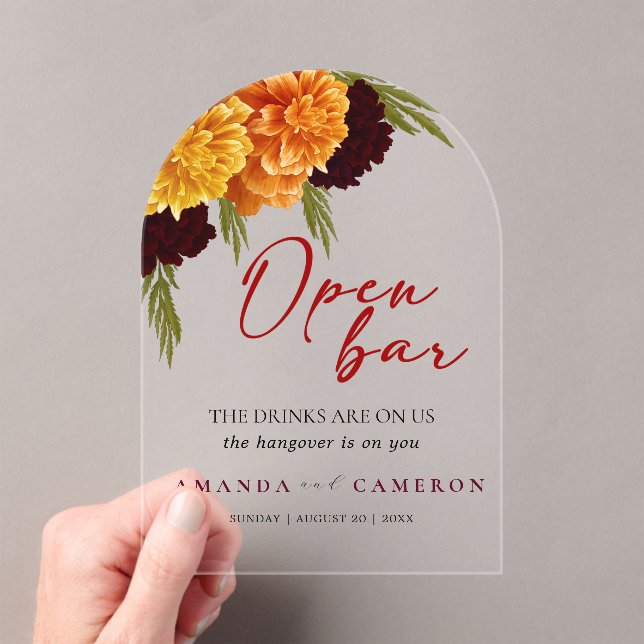 Invitations En Acrylique Elegant Burgundy Red  "MARIGOLD" Wedding Open Bar (In situ (ordinateur de poche))